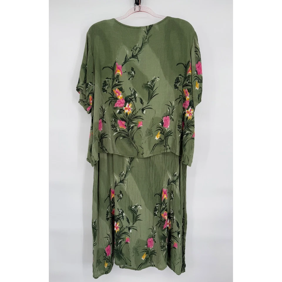 La Cera Women's Sz 2XL Vintage Olive Green Floral Print Rayon Dress - Image 4 of 4