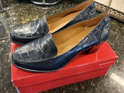 Michelle D Block Heel Pumps Crocodile Marine Navy Square Toe Women's 7.5 M