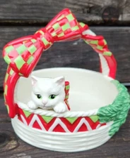 Fitz and Floyd Yuletide Kitten Basket Christmas Candy Dish Holiday Ceramic 