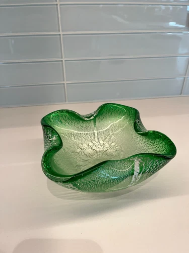 Murano Glass Trinket Dish or Bowl - Green and Silver - 7.75" W x 2.75" H