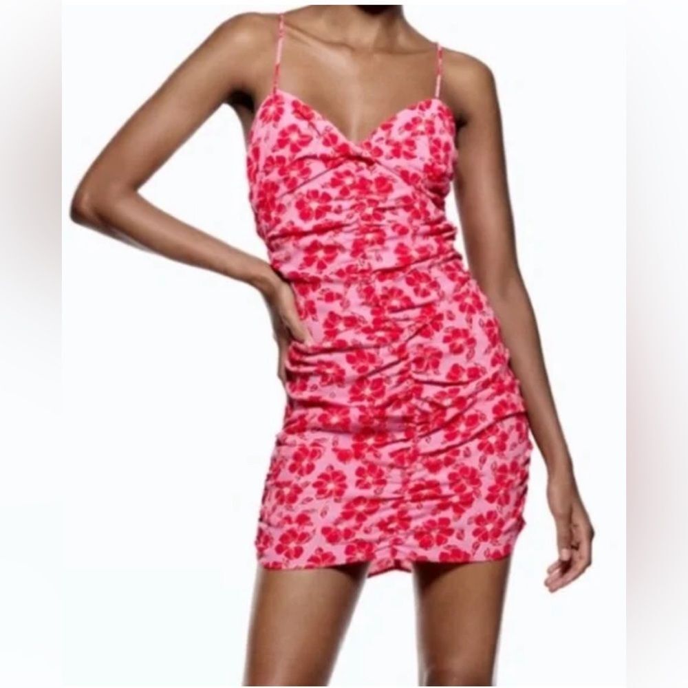 Zara Women's Pink Red Floral Ruched Body-con Mini Dress Sz Med Valentine’s Day thumbnail 12