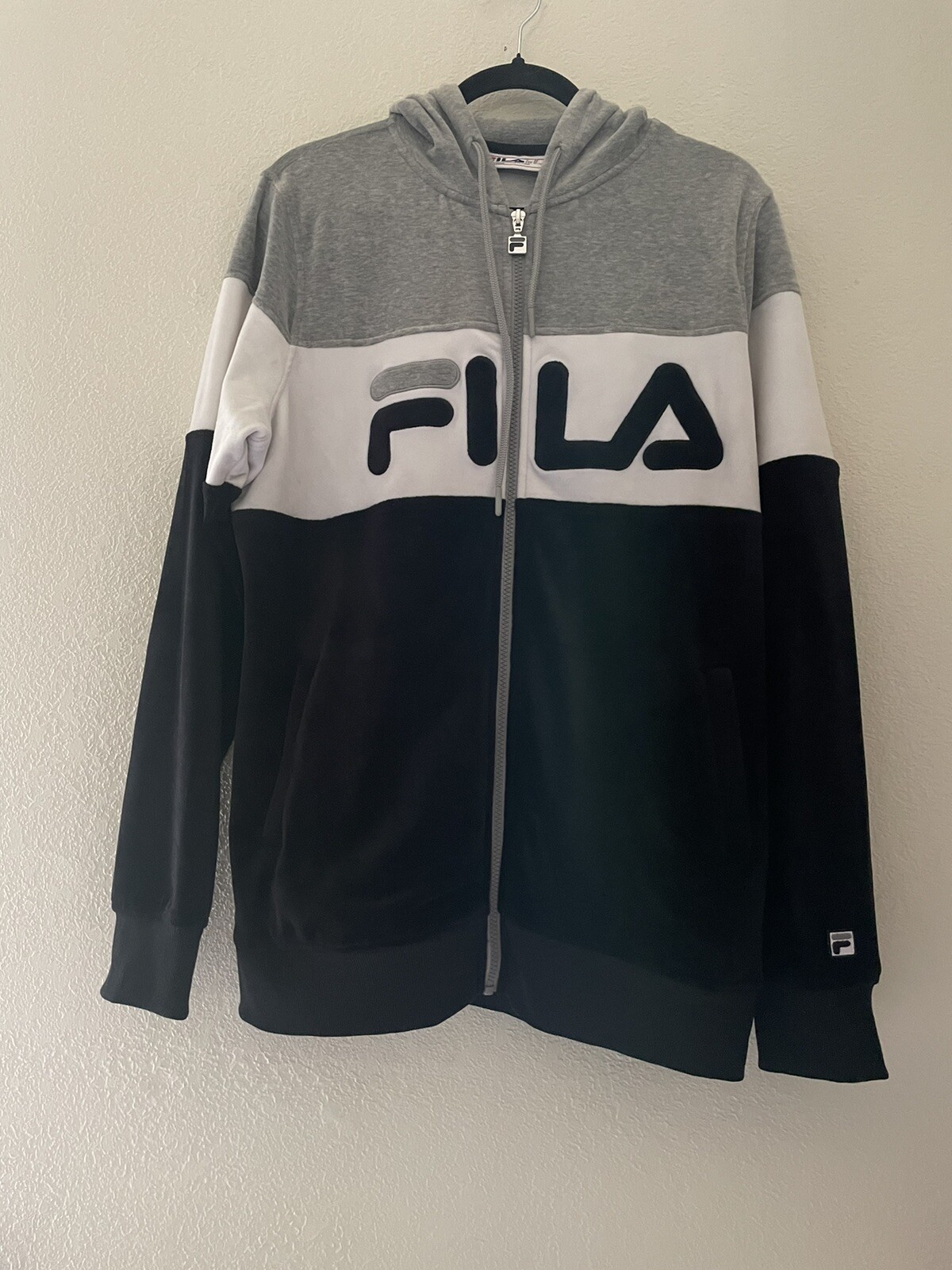 Felpa con cappuccio Fila Velour nera grigio bianca righe full zip pista giacca pile XL