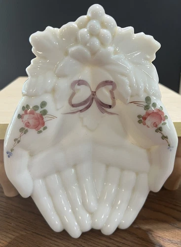 Westmoreland Milk Glass Roses & Bows Double Hand Vanity Dish 1975 Artist Signed