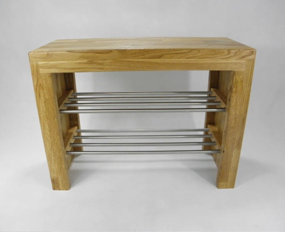 Holzbank Eiche Schuhablage Edelstahl Garderobenbank Flurbank Designbank Bank - Bild 2 von 4