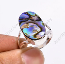 Abalone Shell Ring Rainbow Stone 925 Sterling Silver Statement Boho Rings