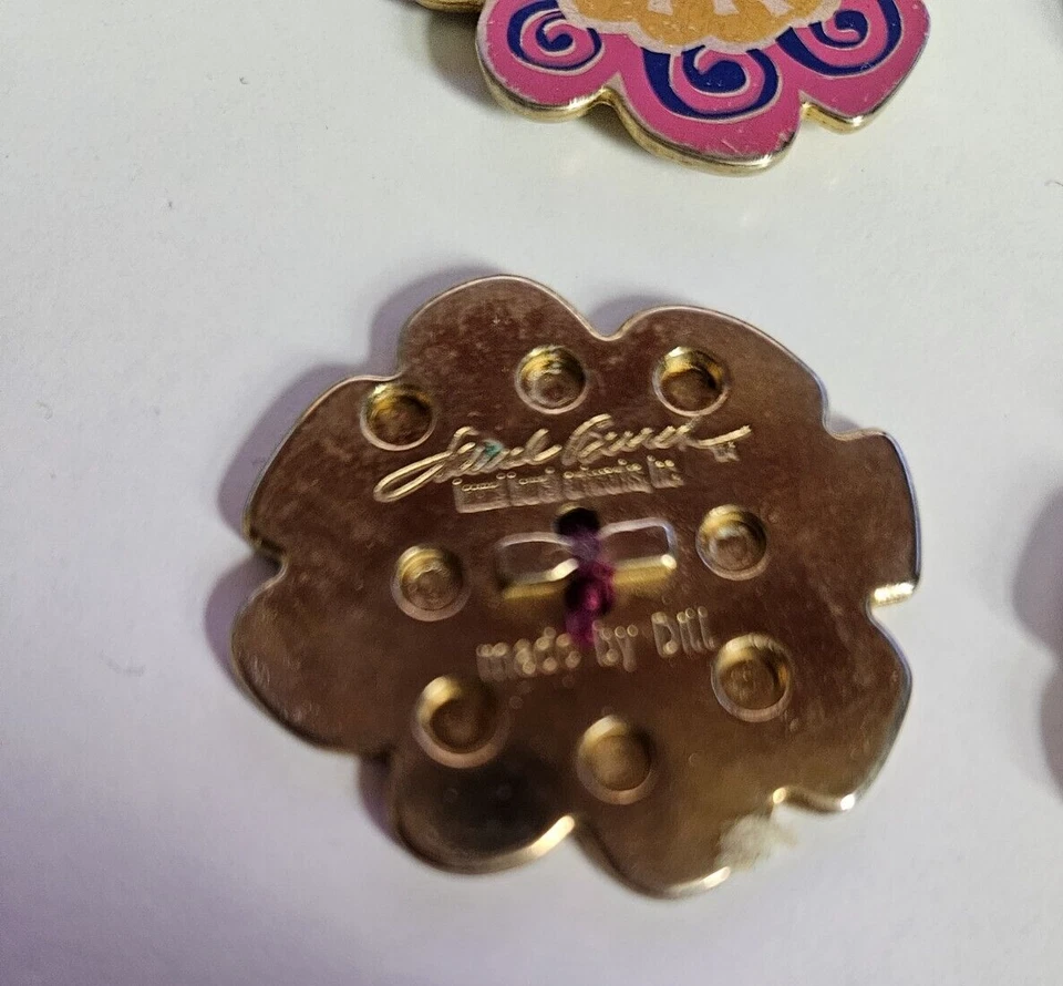 LAUREL BURCH buttons X6 pink yellow flower metal enamel floral by Dill Rare - Image 3 of 4