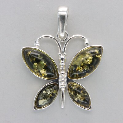 Green BALTIC AMBER Butterfly Pendant - 925 STERLING SILVER #3042e
