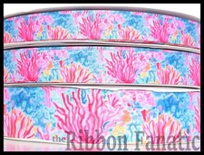 3yds 5/8" 7/8" or 1.5" Ocean Coral Pink Blue Palm Beach Style Grosgrain Ribbon