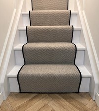 Carpet Stair Runner 7M X 60cm Colour Greige Herringbone With Black Wool Edge.