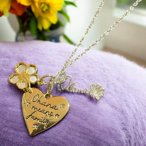 Disney Ohana Means Family Fine Silver Plated Pendent Necklace Charms Heart