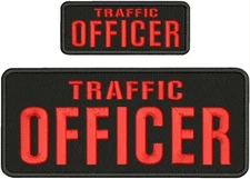 TRAFFIC OFFICER EMBROIDERY PATCHES 4X10 AND 2X5 HOOK ON BACK RED ON BLACK