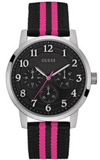 Guess Silver Tone Multi Function Black and Pink Nylon Band Women's Watch U0032G9