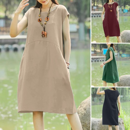 ZANZEA UK Womens Short Sleeve Casual Loose Plain Short Midi Dress Shirt