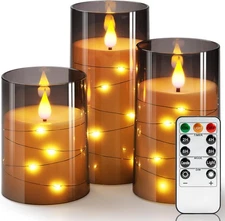 Homemory Flickering Flameless Candles with String Lights, Battery Gray 