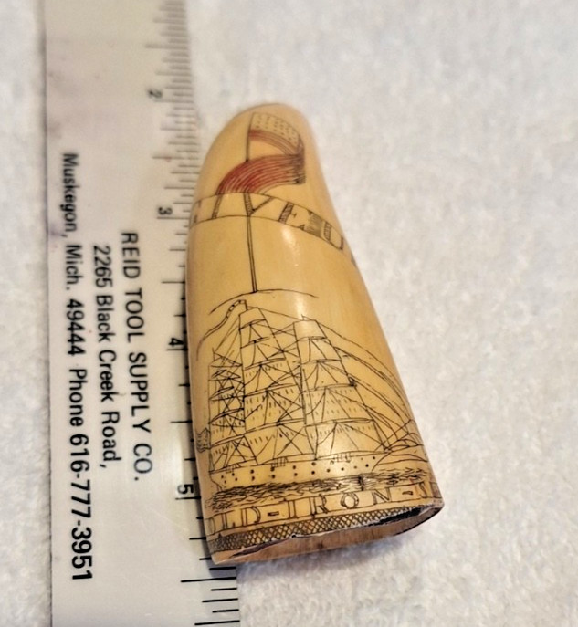 Vintage Replica Scrimshaw Whale’s Tooth, Ship old ironsides. American flags