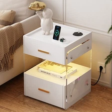 White Nightstand with Charging Station and LED Light, Night Stand with 2 Drawers