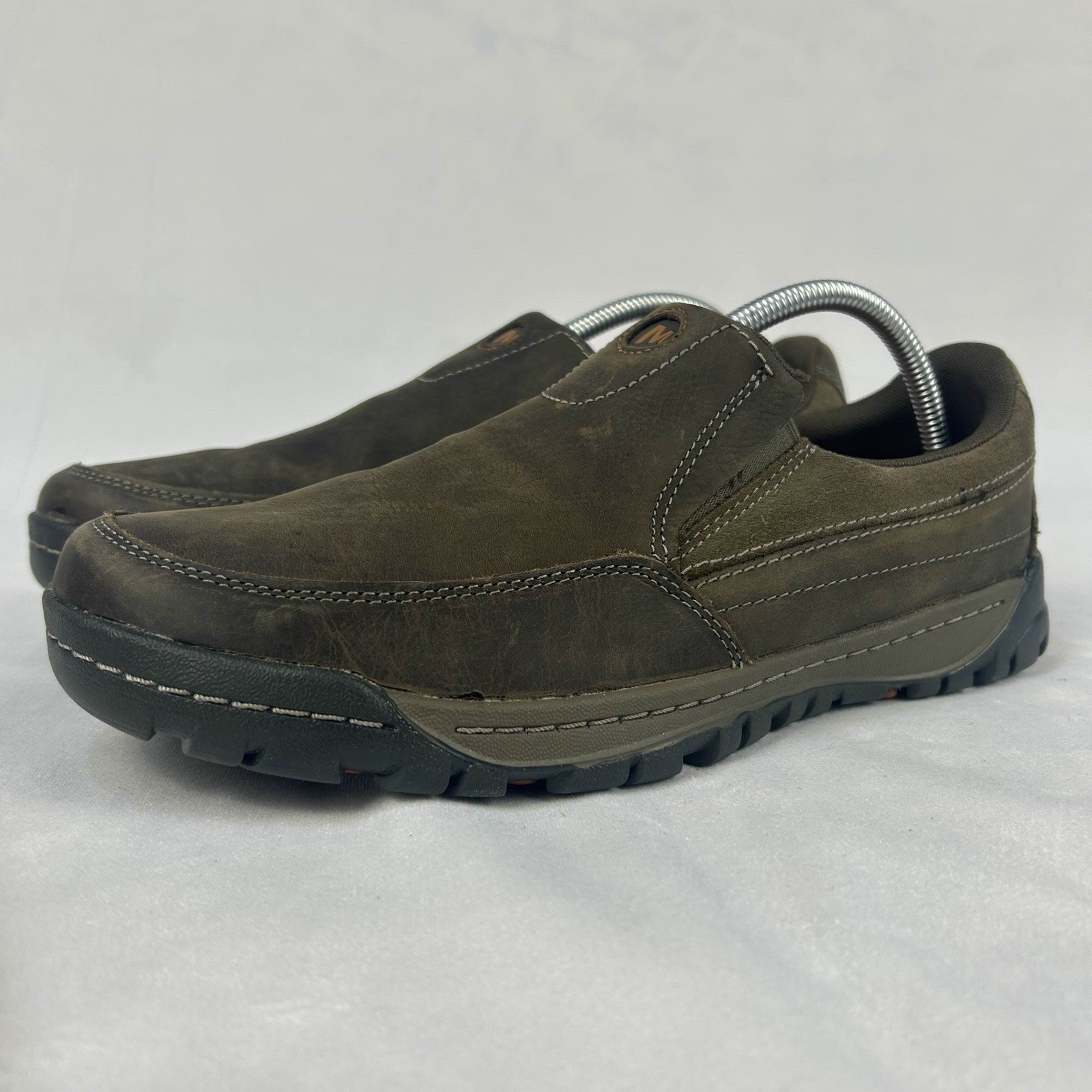 Scarpe da mensa Merrell Traveler uomo 9 5 mocassino slip on in pelle marrone J42107 BUONO