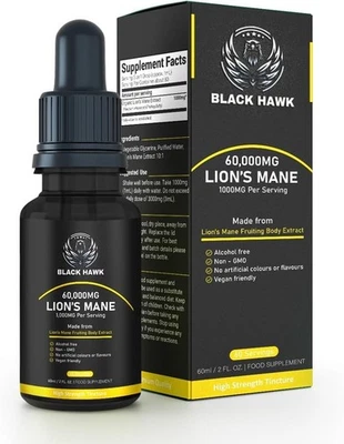 BLACK HAWK Lions Mane Mushroom Extract Liquid 60000mg –Brain and Immune Support
