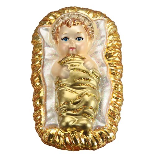 Old World Christmas Gold Baby Jesus In Manger Glass Ornament FREE BOX 3.5 inch