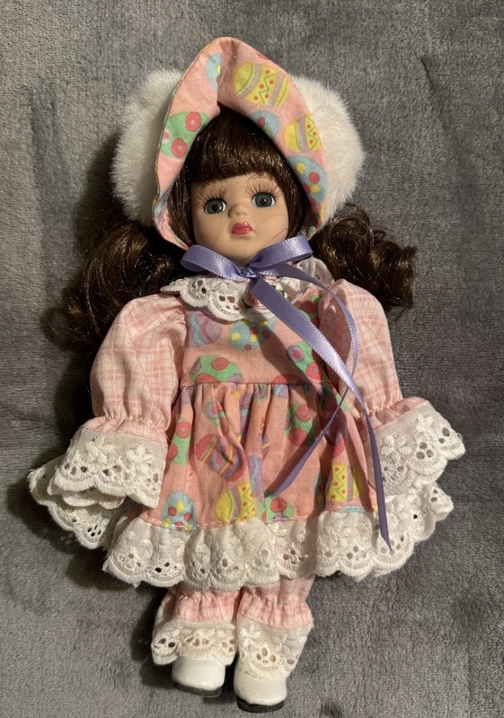 Vintage 9” The Brass Key Porcelain Doll – Pink Easter Dress, Curly Brown Hair