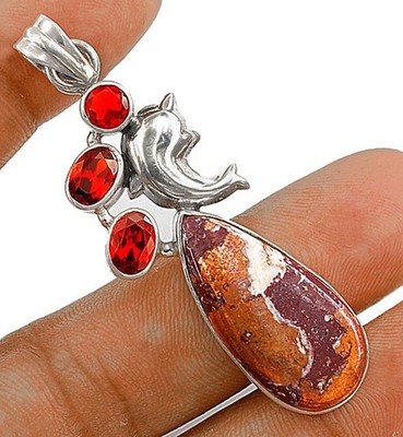 Delfin Natur Kupfer Dolomit & Granat 925 Sterling Silber Anhänger @B17-1