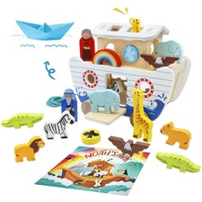 Noah's Ark Wooden Toy Set, Educational Wooden Animal Toys for Toddlers, Monte...