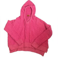 POL Pink Hooded Knit Sweater popcorn textured v neck side slit drawstring Medium
