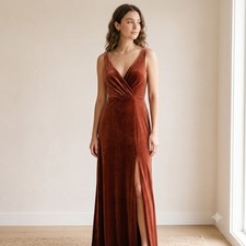 Jenny Yoo Devon Gown Womens 4 Rust English Rose Velvet Plunge Dress Bridesmaid