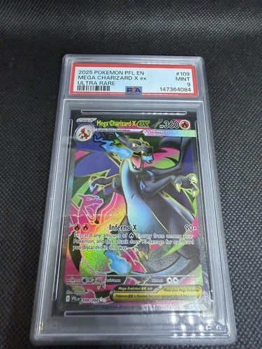 2025 POKEMON PFL EN-PHANTASMAL FLAMES #109 MEGA CHARIZARD X EX ULTRA RARE PSA 9