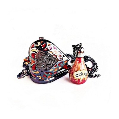 Alice in Wonderland 'Drink Me' bottle and Heart Pocket Watch Necklace