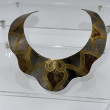 VTG Modernist Stamped Brass Collar Necklace Bib Choker Scalloped Silver Copper