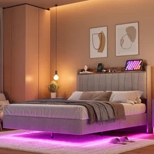 Queen Size Floating Bed Frame Platform Metal Steel Slats w/ LED Charging Station