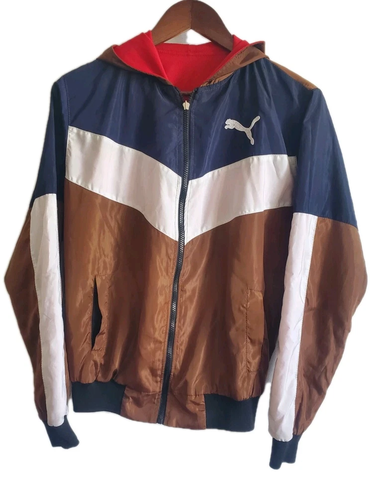 Vtg Puma Satin Windbreaker Lined W/fleece  Men's Medium white brown - Image 3 of 4