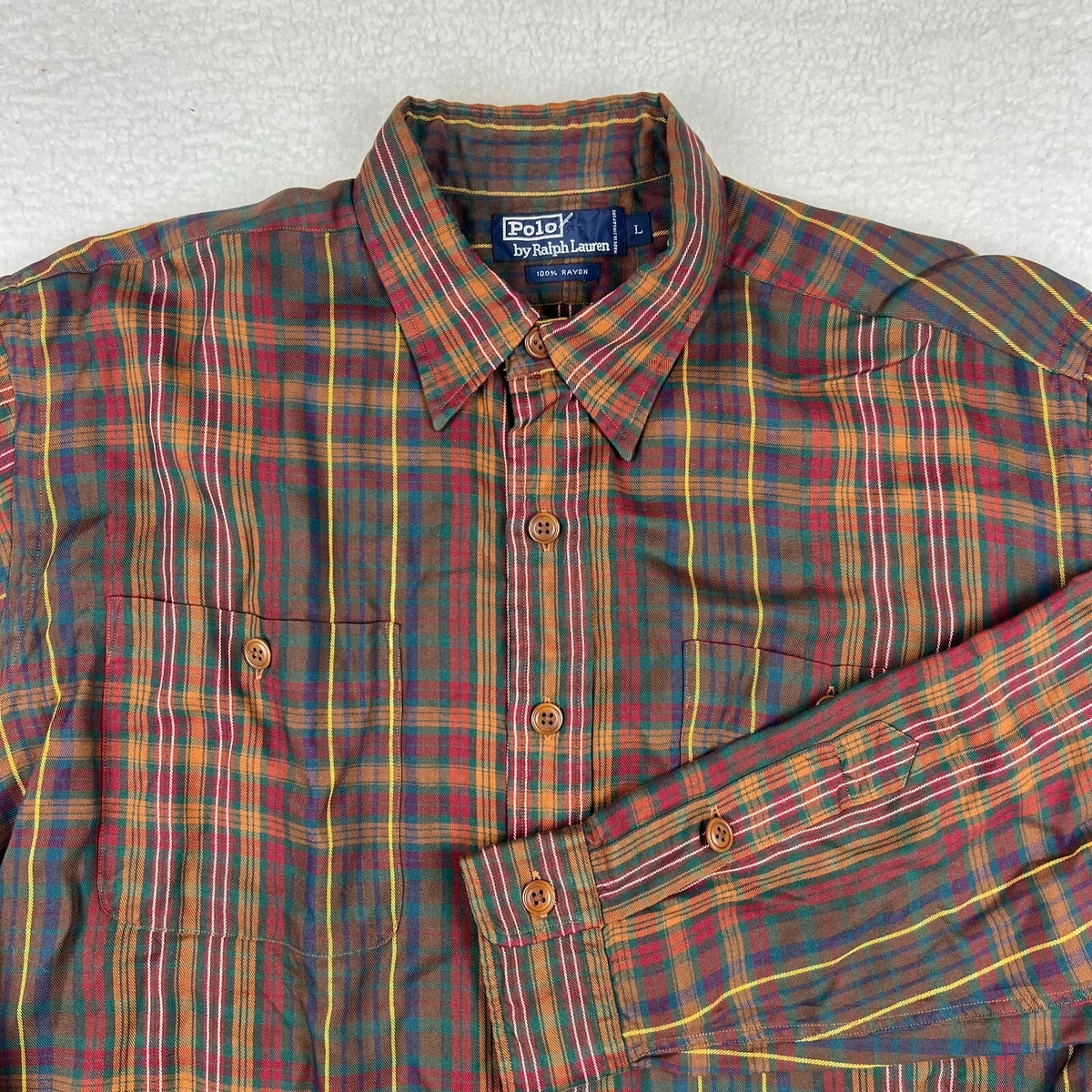 Vintage Polo Ralph Lauren Rayon Shirt Mens L/XL Red Multi Plaid Long Sleeve
