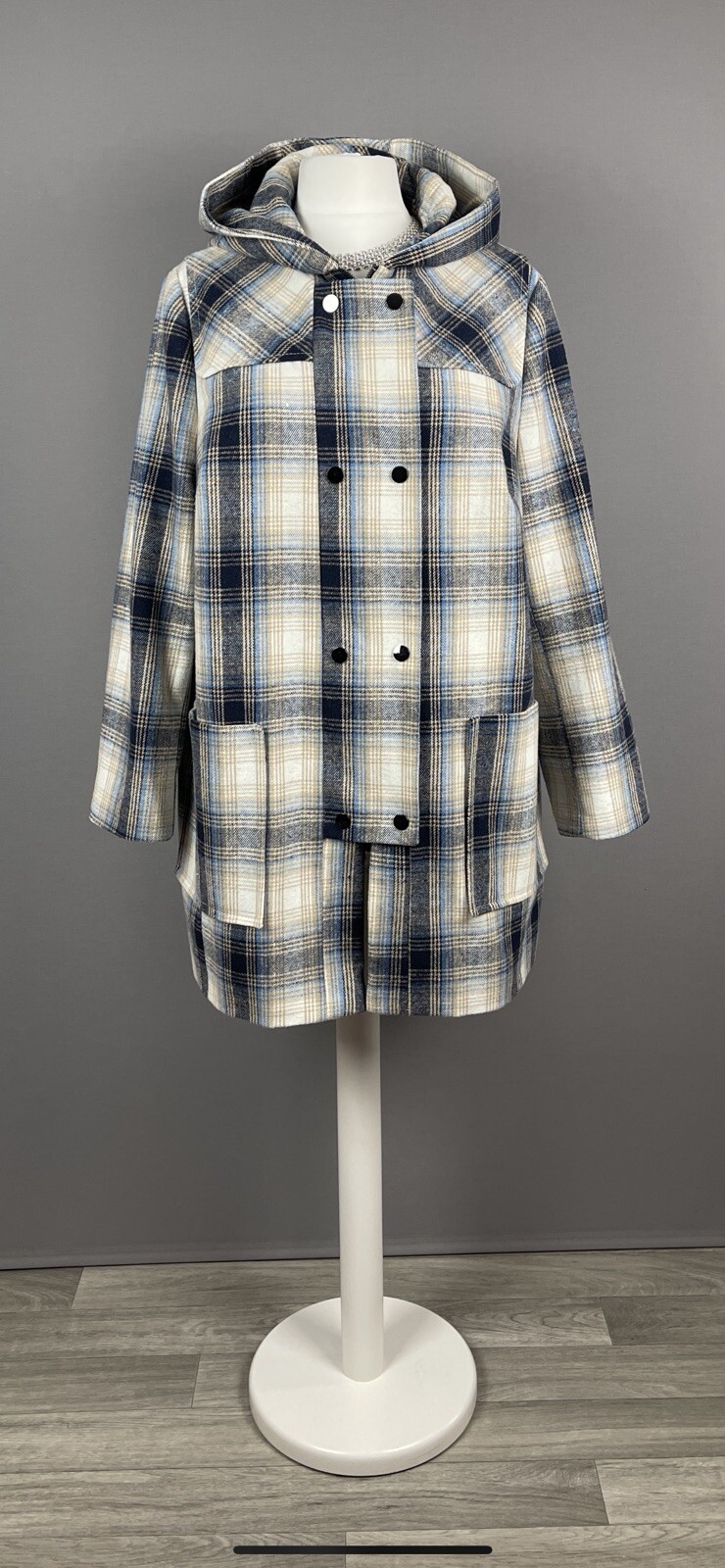 Tu Size 20 Wool Mix Hooded Coat Blue Navy Beige  Check Warm Winter Jacket image 3