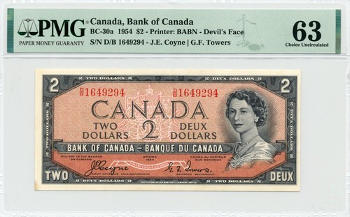 1954 $2 DEVIL'S FACE Bank of Canada, BC-30a - Choice Uncirculated, PMG UNC63 - 第 1/2 張圖片