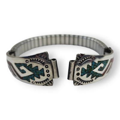 Navajo Tommy Singer Sterling Silver Turquoise Coral Chip Inlay Ladies Watch Tips