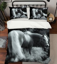 3D White Horse S056 Animal Bed Pillowcases Quilt Duvet Cover Set Queen King Su