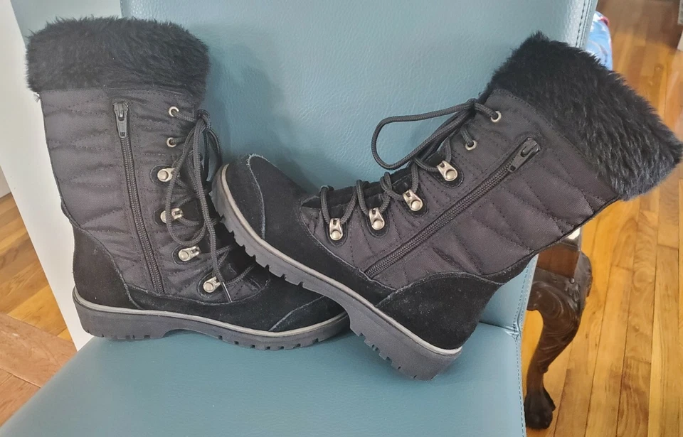 Botas de gamuza satinada negras Baretraps para mujer talla 6,5 bonitas trampas desnudas con cordones piel sintética Foto 4 de 4