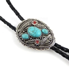 Turquoise Stones Bolo Tie Floral Red Rhinestones 40" Genuine Leather Cord