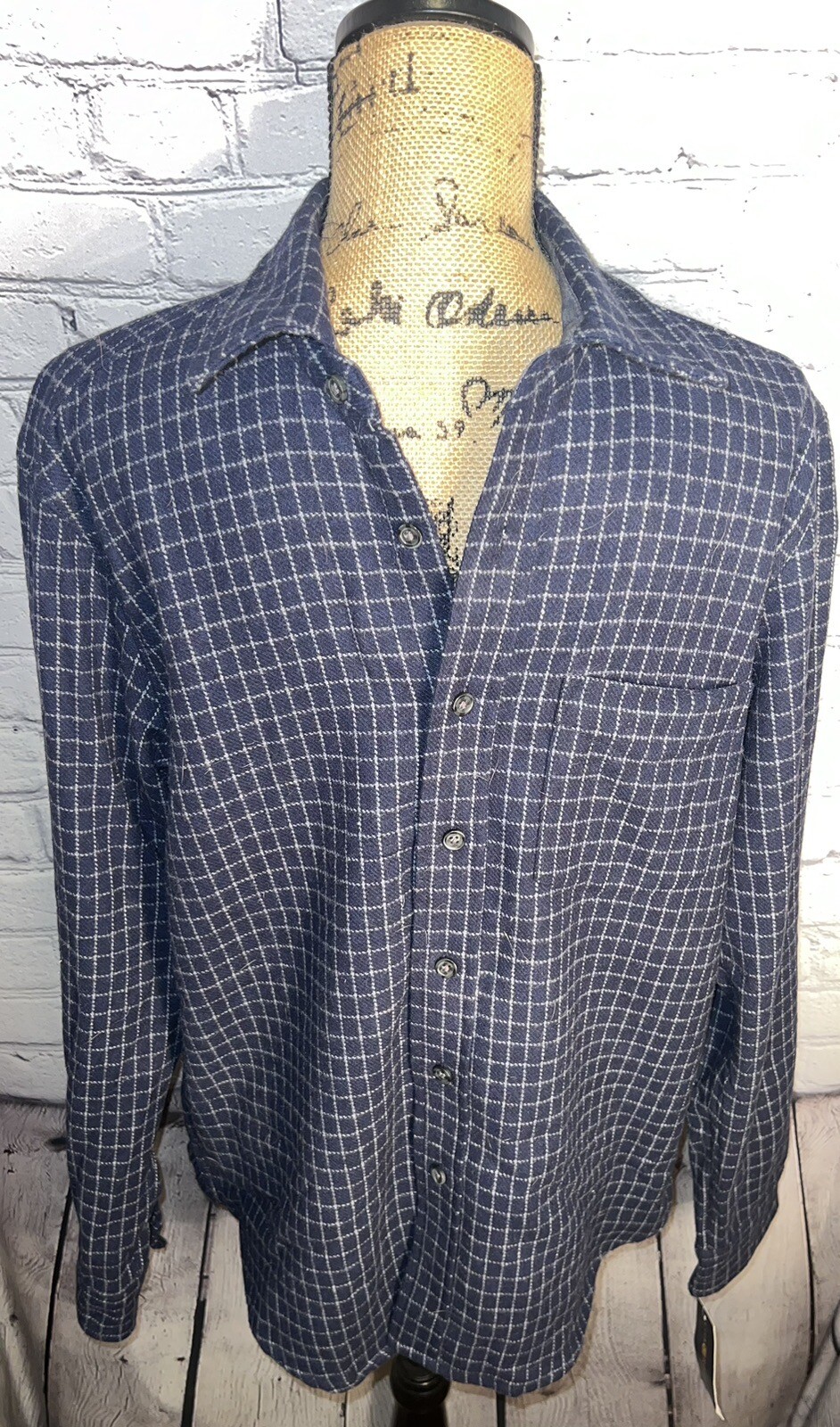 Camisa de franela azul marino con botones manga larga pequeña para hombre sala de club nueva con etiquetas mezcla de lana