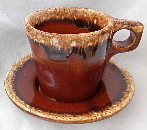 Hull Brown Drip Pottery Coffee Cup Mug with Crestone Saucer Glossy Vintage USA
