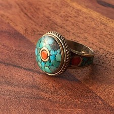 Vintage Tibetan Coral with Turquoise Inlay Handcrafted Tribal Ring