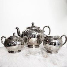 J. Sadler Globe Teapot Set Silver Luster Tea Creamer Jug Sugar Bowl Pewter Cube
