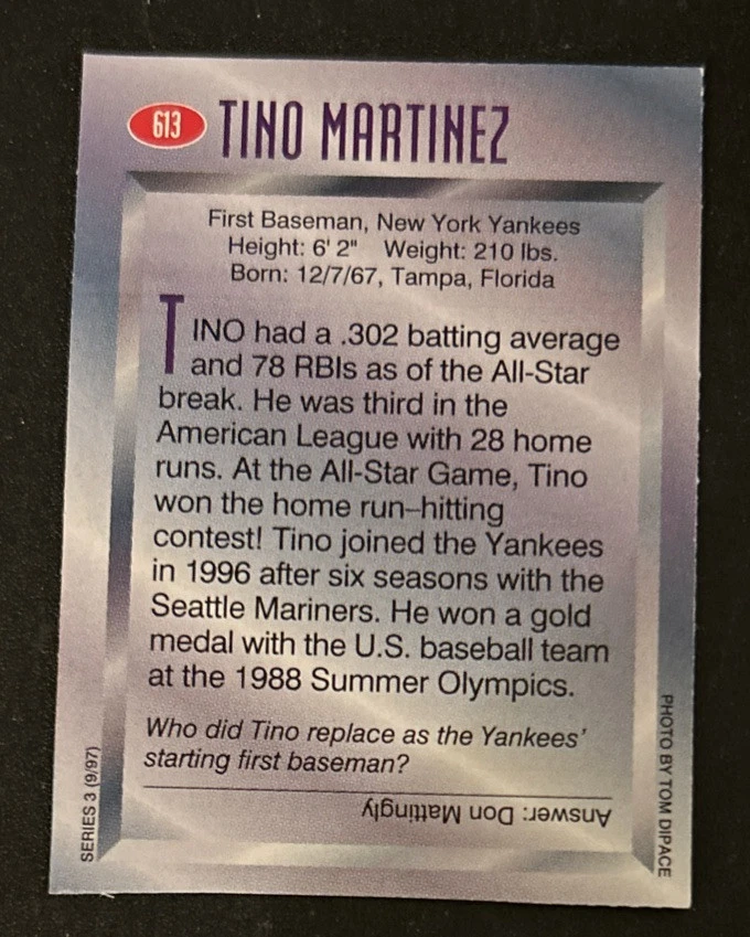 1997 Sports Illustrated For Kids SIFK Tino Martinez Baseball Card #613 Yankees - Image 2 of 2