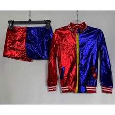 Harley Quinn Inspired Shiny Red Blue Cosplay Jacket Shorts Set Kid's LARGE