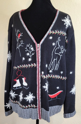 Holiday Lodge by NorthCrest Zip Ugly Christmas Cardigan Sweater Deer Snow XL