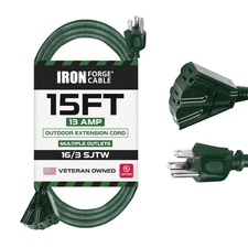 15 Foot Outdoor Extension Cord with 3 Electrical Power Outlets - Durable Green
