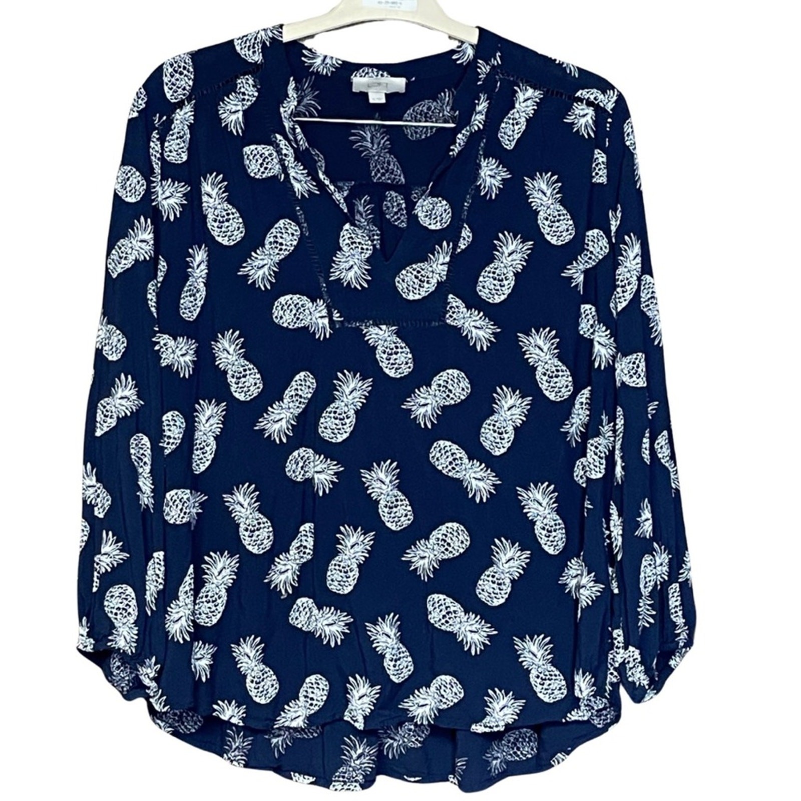 LOFT pineapple pattern pullover top navy blue whi… - image 1