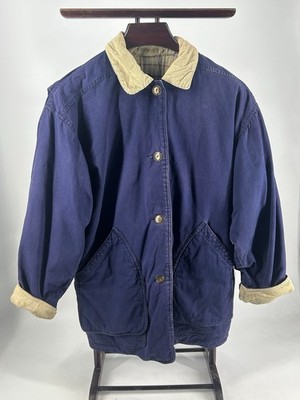 Vintage 80s Barn Jacket Blue Button Up Cord Collar Chore Utility Womens Medium